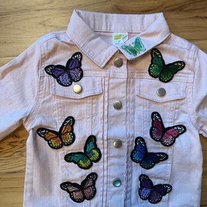 NWT Toddler Girls Pink Jean Jacket, 5T, Butterfly Patches & Appliques